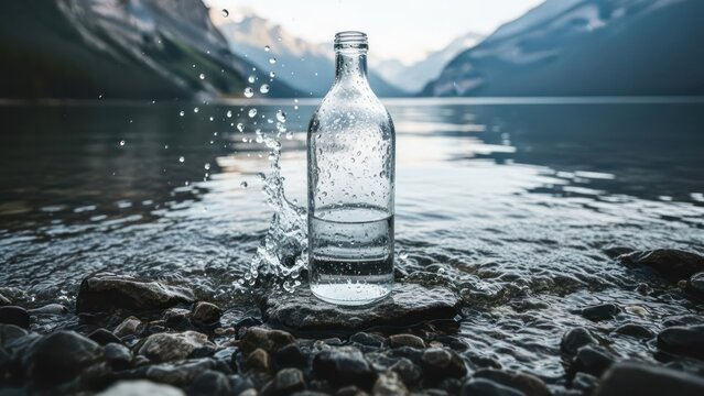 A glass bottle partially filled with water in a rocky lake, splash visible
