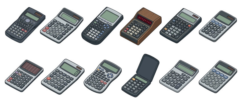 Calculators collection in isometric view, featuring various types like scientific, basic, and vintage models for mathematics and finance.