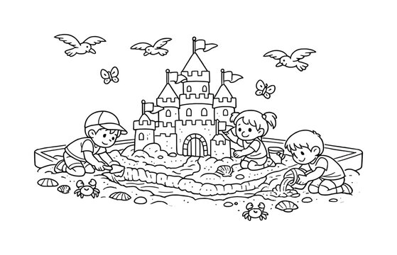 Sandbox castle with children digging moats and adding flags, friendly seagulls flying above, seashells and sand scattered around,