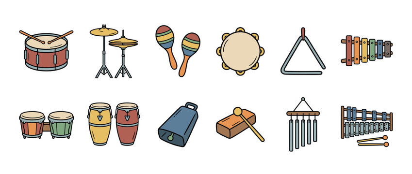 Cartoon percussion musical instruments set featuring drums, cymbals, maracas, and other rhythmic sound makers.