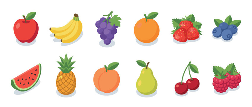 Colorful isometric fruit collection featuring apples, bananas, grapes, oranges, strawberries, blueberries, watermelon, pineapple, peaches, pears, cherries, and raspberries.