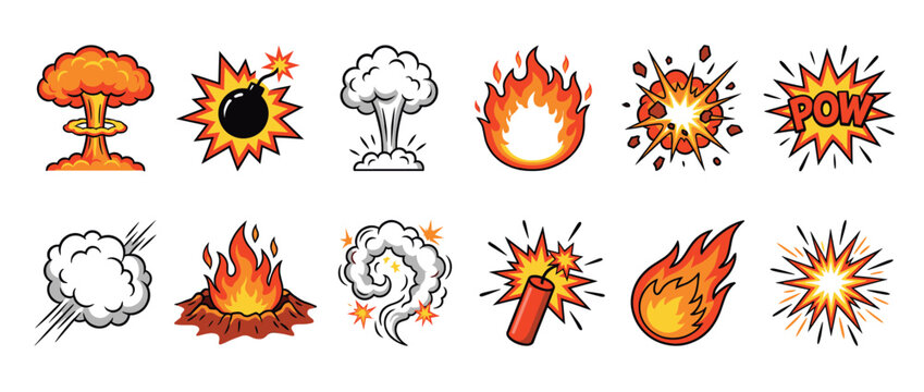 Cartoon explosion fire smoke effects, comic book style elements for dynamic action and impact in a vibrant graphic collection.