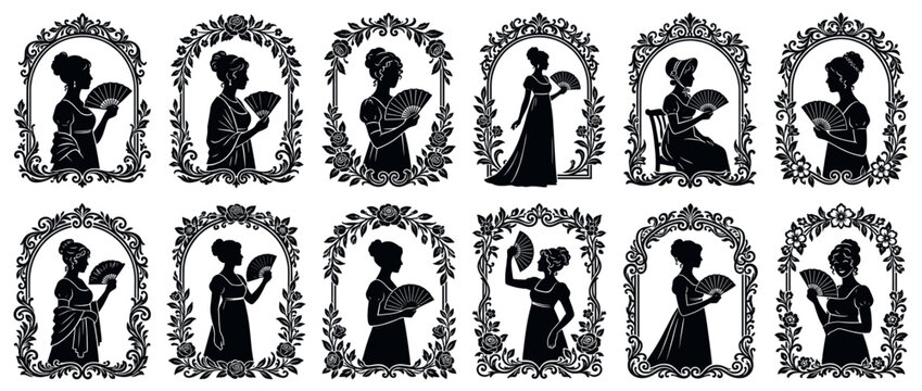 Elegant women silhouettes holding fans in decorative frames, capturing the refined fashion and grace of a bygone era with intricate floral details.