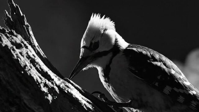 Black and White Close-up of a Great Spotted Woodpecker Perched on a Tree Branch Against a Dark Background