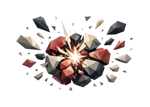 Low-poly vector illustration focused on atom split flash after the energy release, separated geometric atomic fragments drifting