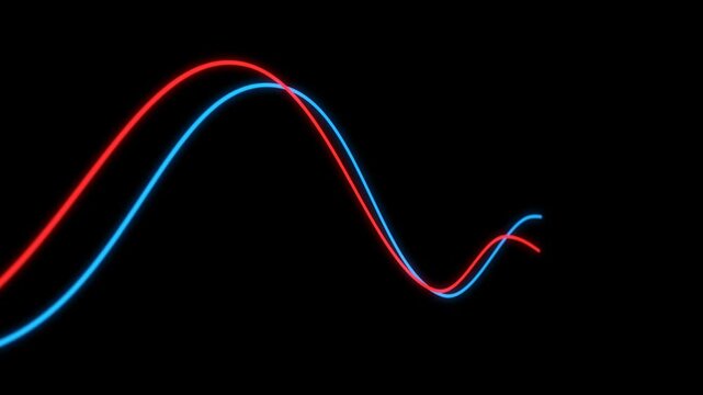 A video showcasing a mesmerizing display of red and blue neon lights in a dark background
