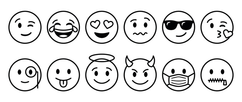 Collection of various outline emojis depicting a wide range of emotions and expressions for digital communication.
