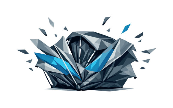 Low-poly vector illustration of a folded pop-up tent just beginning to spring open, compressed angular fabric bundle expanding