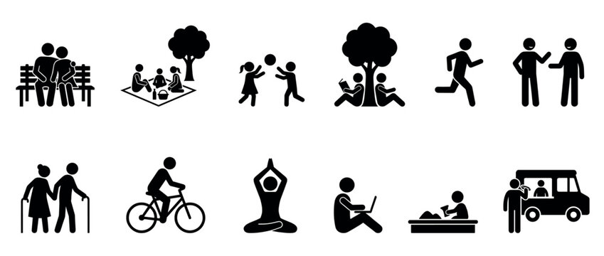 Stick figures illustrating various everyday human activities and social interactions, representing different lifestyles and leisure pursuits.