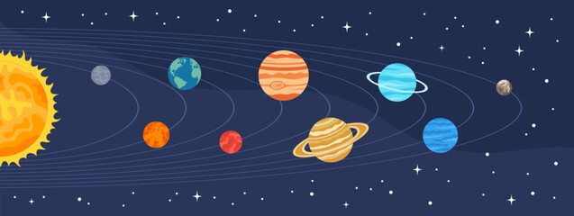Planets of the Solar System in orbits and Sun on the left side on a dark blue background of the starry universe. Flat vector illustration © Alrika 