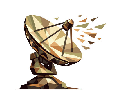 Low-poly vector illustration of a satellite dish angled upward as the central hero object, faceted parabolic dish built from