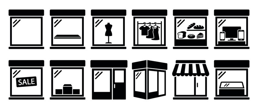 Collection of various shop window and storefront icons representing different retail businesses and display concepts.
