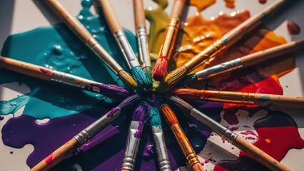 Obraz premium Array of paint brushes arranged around colorful paint splatters, from above