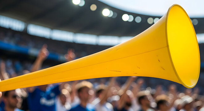 Yellow vuvuzela football horn isolated. Stadium fan accessory symbolizing celebration noise and vibrant support during sports events and matches worldwide.