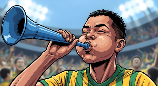 Illustration of football fan blowing vuvuzela in stadium. Vibrant crowd energy celebration and loud support during match in dynamic sports scene.