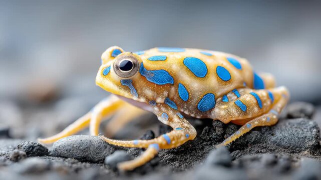 Colorful frog hop sequence on rocky terrain in high definition slow motion
