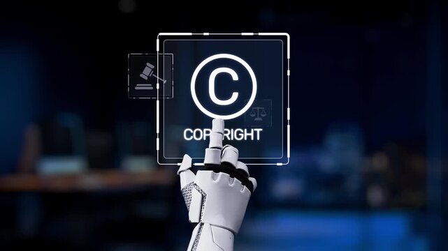 A futuristic robotic hand engages with digital copyright symbols, illustrating the intersection of technology and intellectual property in the modern legal landscape. Synapse
