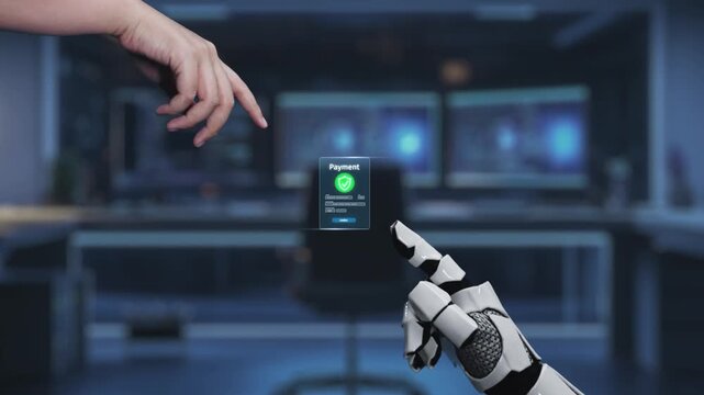 A futuristic digital payment interface illustrates a secure transaction process with a robotic hand interacting with a user-friendly screen in a modern technology setting. Auvana