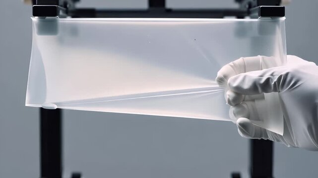 A gloved hand stretches a transparent polymer film mounted in a test frame, showing smooth, even deformation as the material elongates under tension during a laboratory tensile evaluation setup.