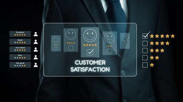 A digital feedback interface showcasing customer satisfaction through emoticons and star ratings, set against a professional business background, illustrating evaluation dynamics. Qubit