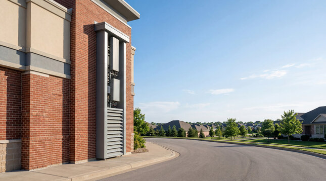 Small cell node antenna mounted on brick building in residential neighborhood. 5G network infrastructure for mobile internet connectivity. Telecommunication technology in suburban area.