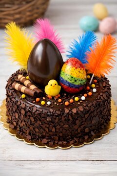 Pastel de Pascua decorado con huevo, pollito y plumas.