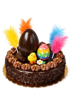 Pastel de Pascua decorado con huevo, pollito y plumas.