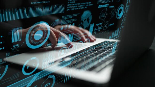 Explore the dynamic world of data analytics as hands type on a laptop surrounded by striking digital graphs and metrics representing modern business strategies and insights. Cipher