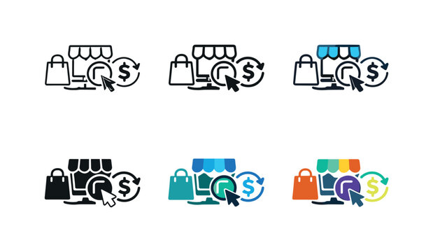 Digital Marketplace Symbolism. Concept illustrating marketplace activity across digital platforms and storefronts, symbolized by