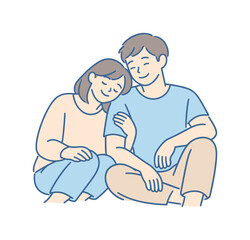 Obraz premium Couple enjoying simple happiness together in calm everyday setting, two people sitting close with relaxed smiles and gentle body