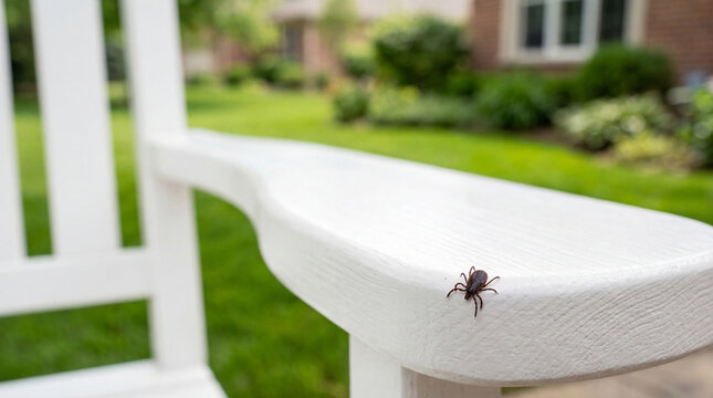 Brown tick crawling on arm of white garden chair. Parasite waiting for host in backyard. Danger of lyme disease and encephalitis, tick bite prevention and outdoor safety concept for summer.