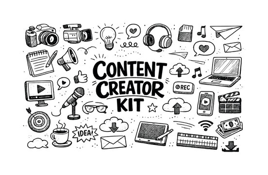 Content creator kit illustration, hand drawn doodle elements set, center hand-lettered title, black & white vector line art, bold