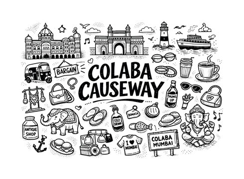 Colaba Causeway illustration, hand drawn doodle elements set, center hand-lettered title, black & white vector line art, bold
