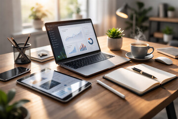 Fototapeta premium Modern workspace with laptop, tablet and smartphone. Productivity, business and digital workflow concept.