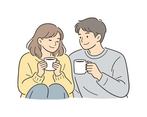 Fototapeta premium Couple enjoying coffee together in a quiet evening setting, sitting side by side with relaxed posture and warm expressions,