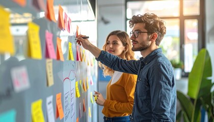Obraz premium Creative team collaboration with sticky notes and markers in modern workspace