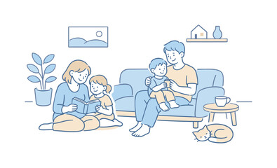 Fototapeta premium Family enjoying gentle family time in secure home, minimalist flat vector illustration with smooth rounded forms, thin clean