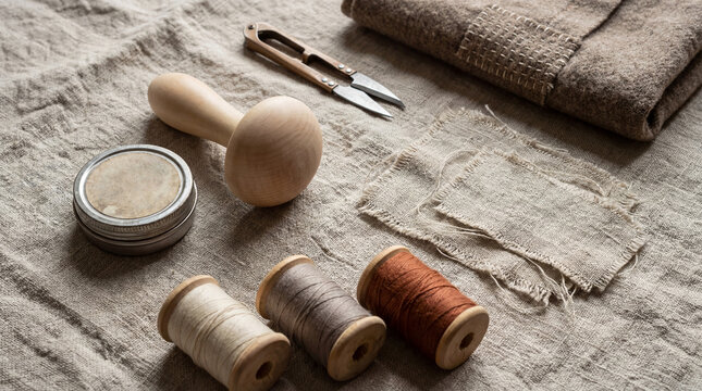 Mending clothes with linen thread and wooden darning mushroom. Manual textile repair to extend garment life. Zero waste fashion concept and sustainable lifestyle for eco friendly mending.