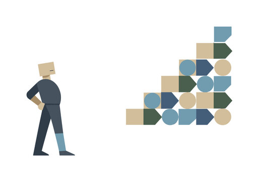 Minimalist figure with box head contemplates abstract geometric progression on white background
