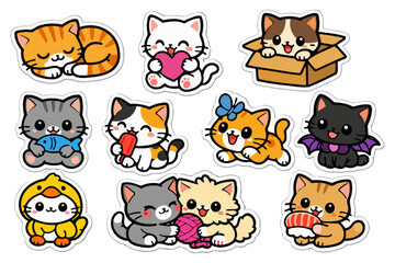 Fototapeta premium Cute cartoon cats collection: playful kittens in various colors and outfits.