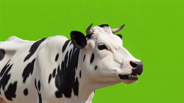A white cow with black spots looking to the right with an open mouth on green background