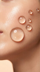Fototapeta premium Extreme beauty close-up of glowing skin with transparent water droplets on the cheek, highlighting hydration, freshness, smooth texture, and luminous skincare aesthetics.