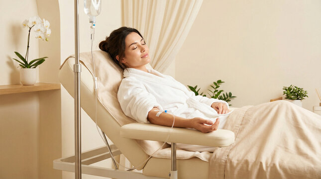 Woman relaxes during IV infusion therapy in a serene wellness clinic, illustrating hydration, recovery, medical care, and restorative self care in a spa-like interior.