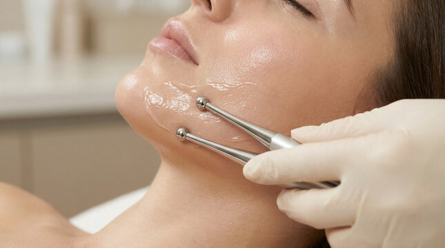 Gloved hands perform facial microcurrent treatment on a woman's jawline with conductive gel, illustrating noninvasive lifting, contouring, skin toning, and professional beauty technology.