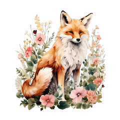 Obraz premium Watercolor red fox sitting in a garden of pink and peach wildflowers 