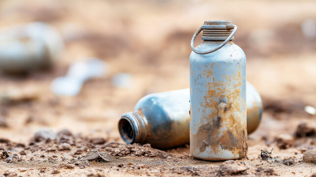 Discarded metal water bottles on dry, cracked ground, representing environmental pollution and precious water scarcity in arid regions