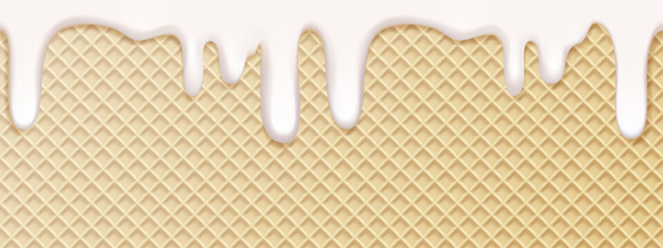 Ice cream waffle and wafer cone texture. White melt gelato on diamond shape 3d cookie pattern. Milk drip on diagonal biscuit vector poster. Vanilla candy sweet sauce on rectangle cake. Summer cornet