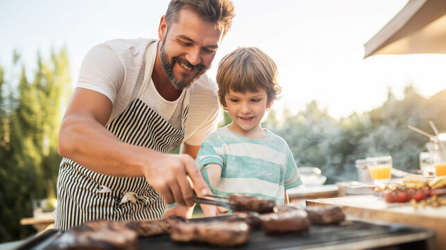 Father and child happily grilling meat outdoors, sharing a pleasant weekend moment, fostering family connection