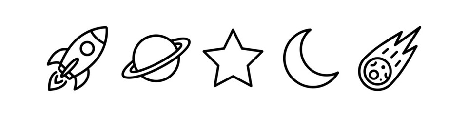 Simple outer space and astronomy icons set with rocket, planets and stars © Victor