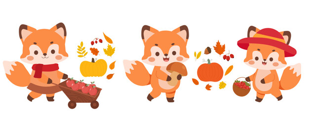 Obraz premium Set of three adorable autumn foxes gathering harvest. Characters include a fox with a wheelbarrow of red apples, a fox holding a mushroom, and a fox with a basket of berries. 